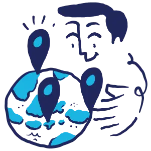 man holding the globe with three location icons